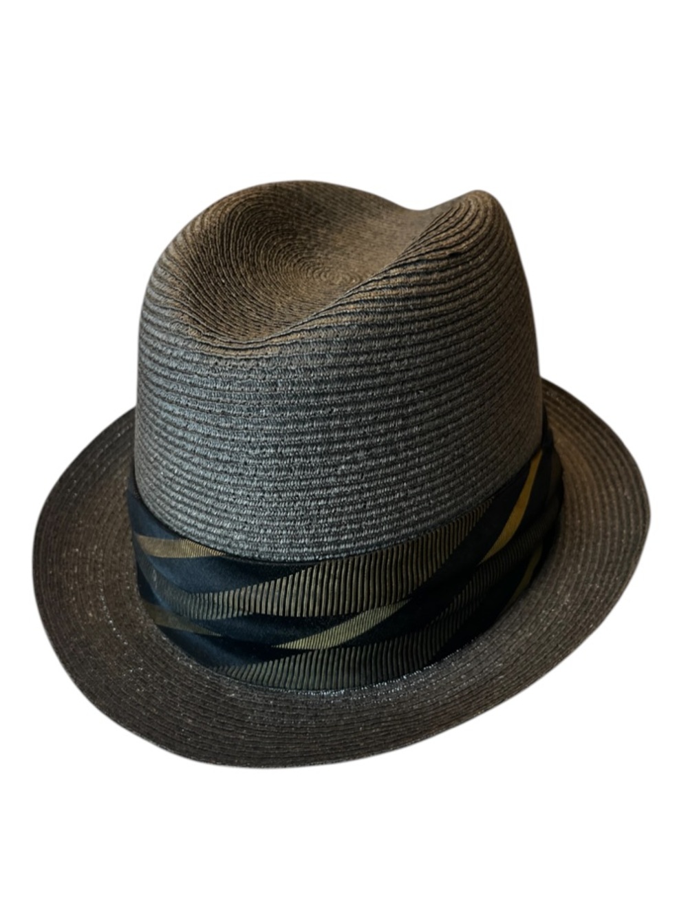 VTG 60s Stetson Straw Fedora 7 3/8, Milan Weave, Black & Gold Striped Ribbon